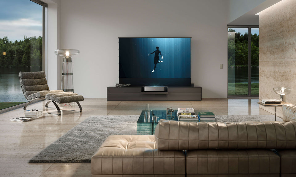 Lowboard KETTNAKER Soma Mediamöbel für Beamer mit Celexon UST Bodenleinwand