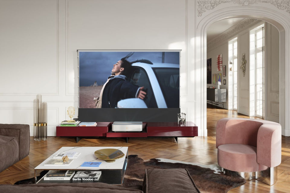 Lowboard KETTNAKER Soma Mediamöbel für Beamer mit Celexon UST Bodenleinwand